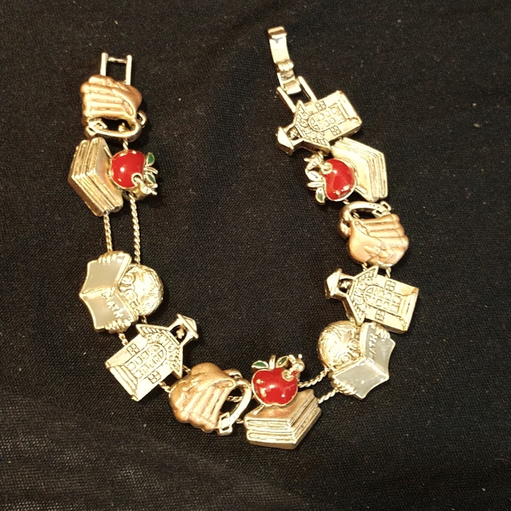 School Bracelet VINTAGE Slide Bracelet Gold-tone (School Books Apple Bookbag)